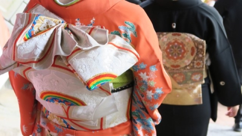 黒留袖の女性の後ろを歩く振袖の女性の後ろ姿