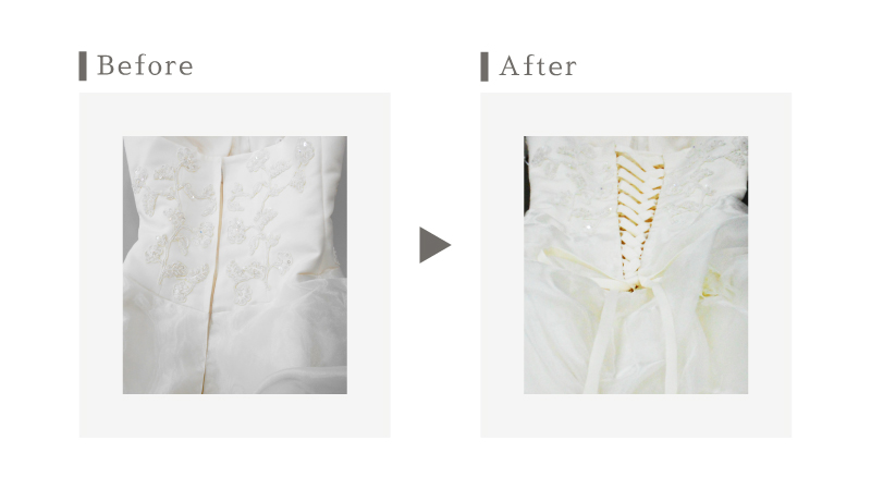 ディアハートにてウエディングドレスの背面ファスナーを編み上げスタイルにアレンジした事例