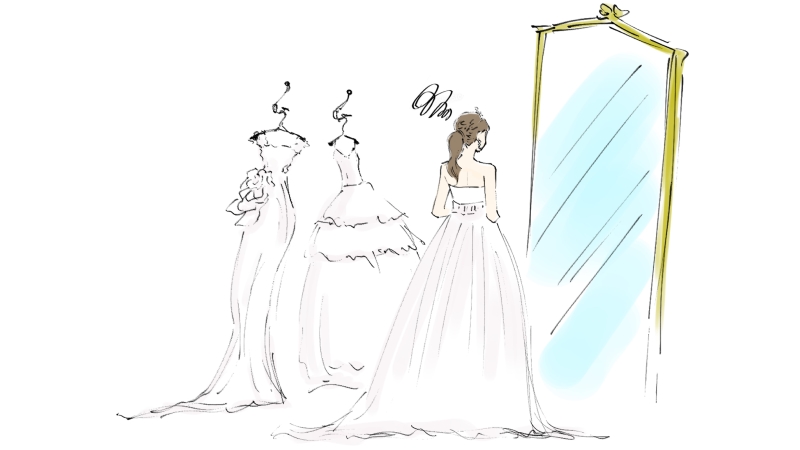 自分のウエディングドレス姿に不満がある花嫁のイラスト